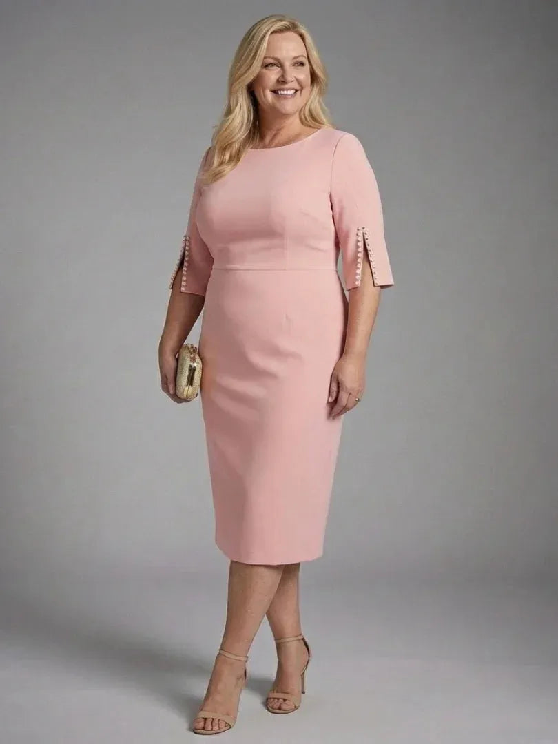 Women's Elegant Formal Midi Wedding Guest Dress with Embellished Sleeves