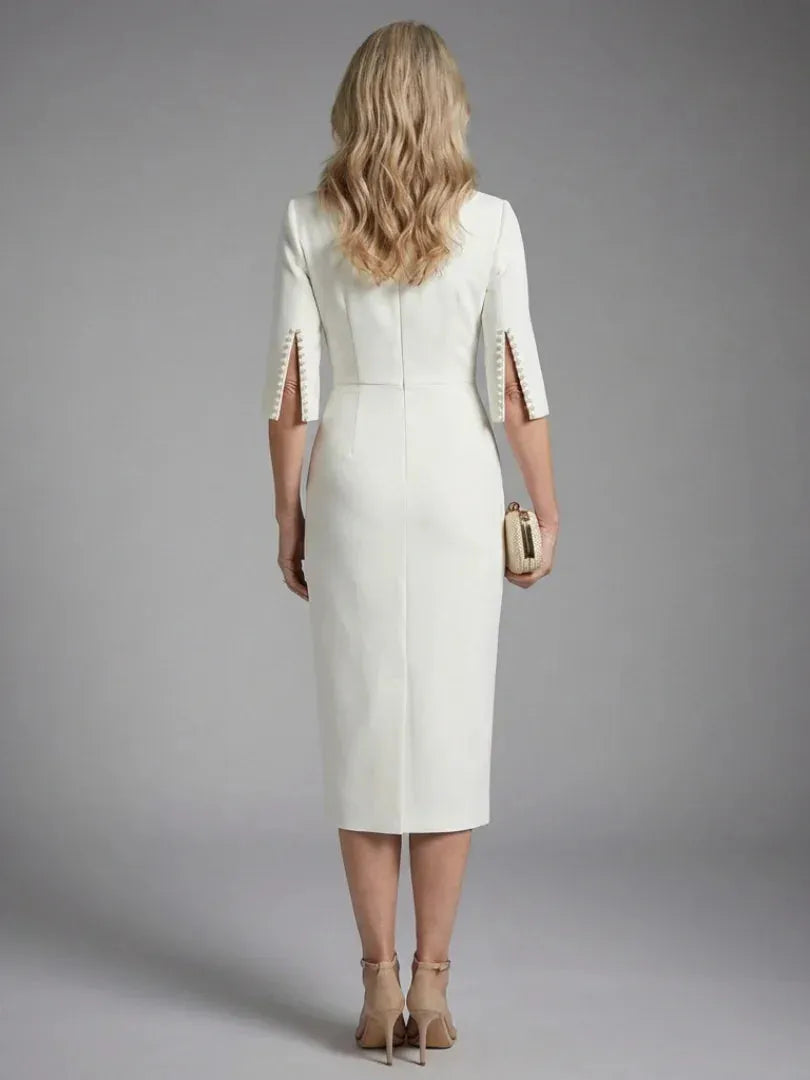 Women's Elegant Formal Midi Wedding Guest Dress with Embellished Sleeves