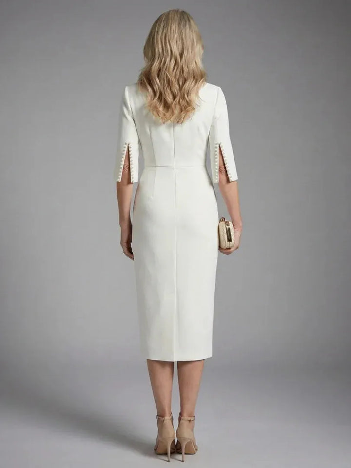 Women's Elegant Formal Midi Wedding Guest Dress with Embellished Sleeves
