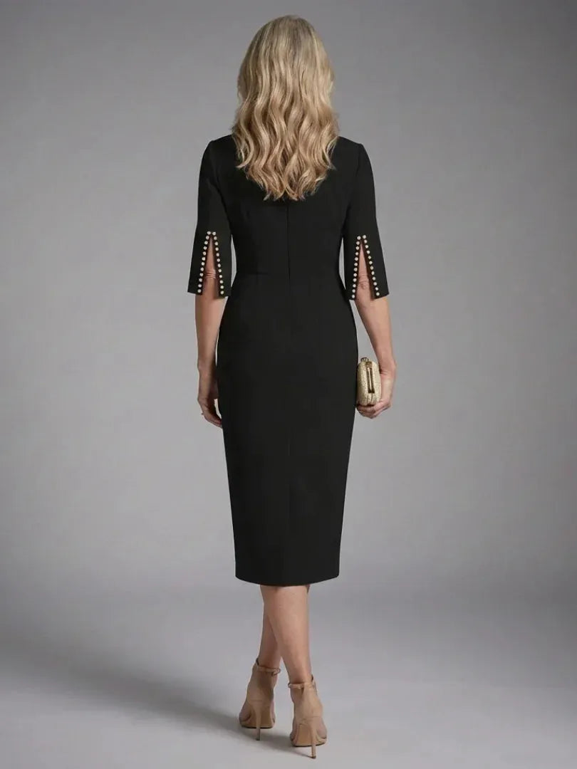 Women's Elegant Formal Midi Wedding Guest Dress with Embellished Sleeves
