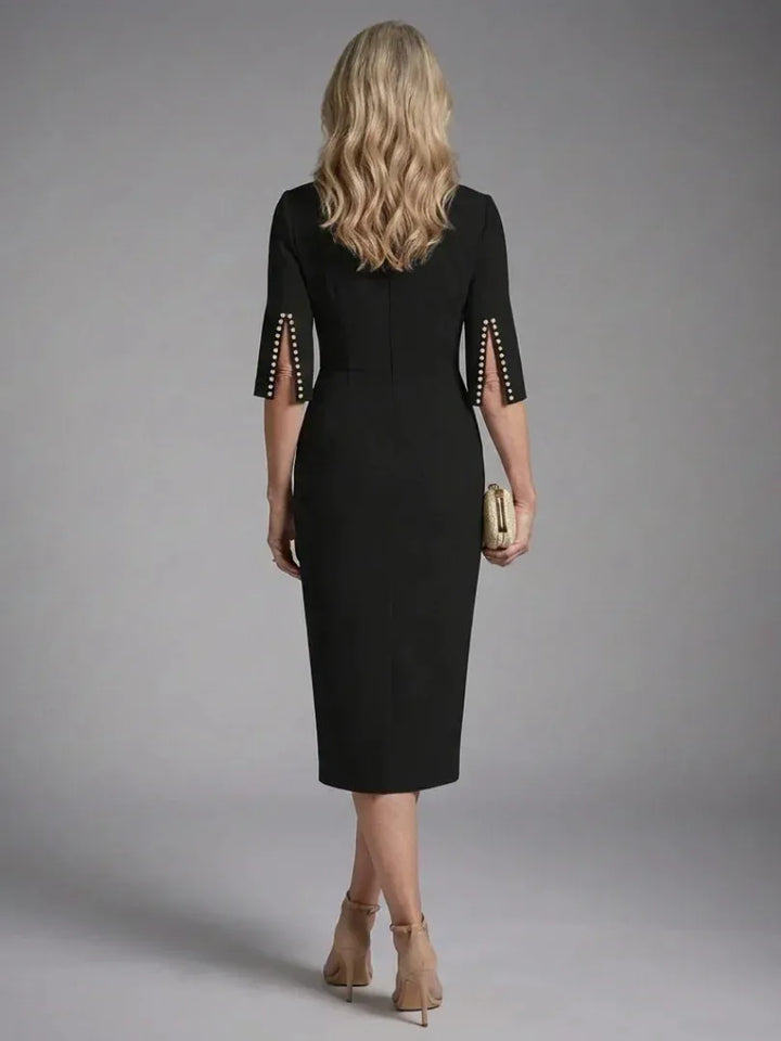 Women's Elegant Formal Midi Wedding Guest Dress with Embellished Sleeves