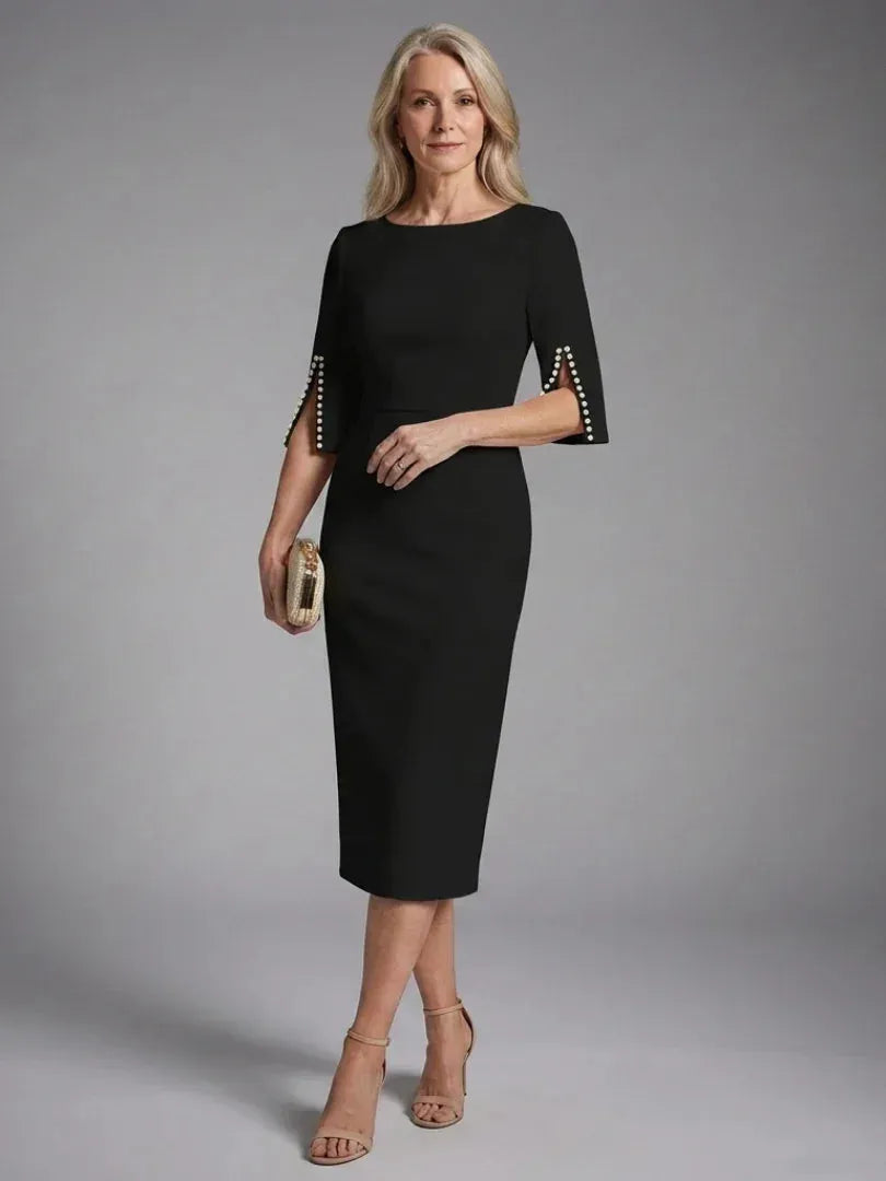Women's Elegant Formal Midi Wedding Guest Dress with Embellished Sleeves