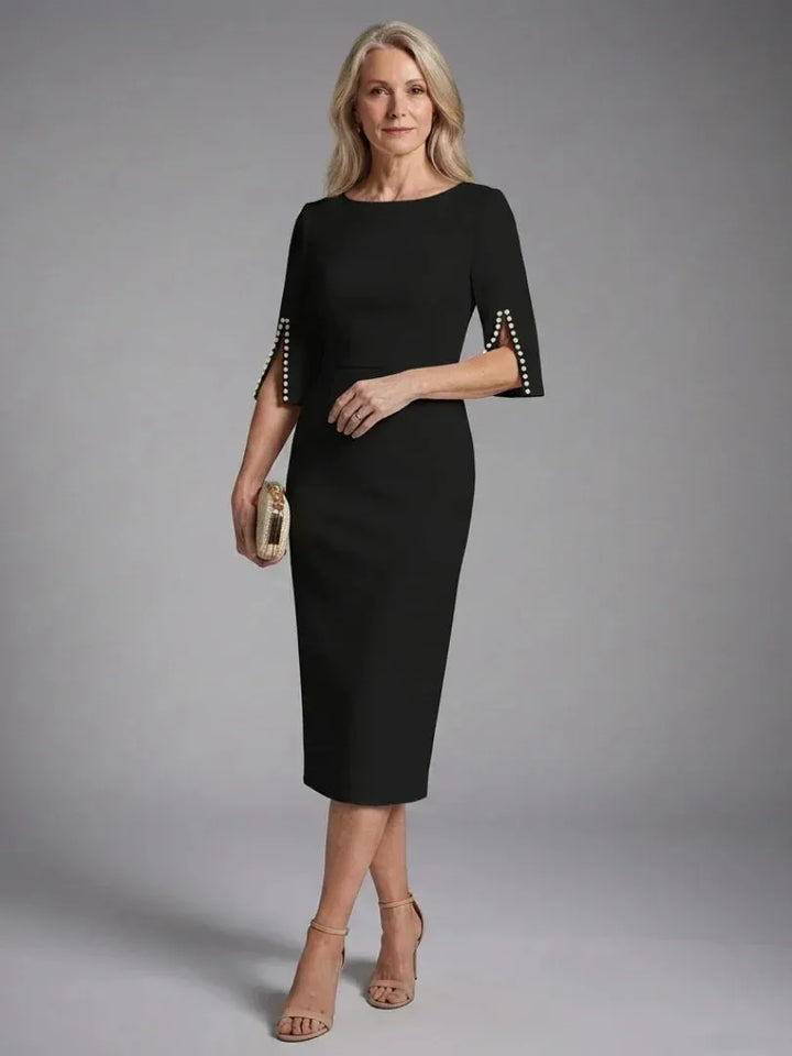 Women's Elegant Formal Midi Wedding Guest Dress with Embellished Sleeves
