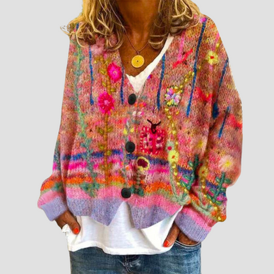 Pauline - Women's vibrant floral cardigan for a playful pop of colour