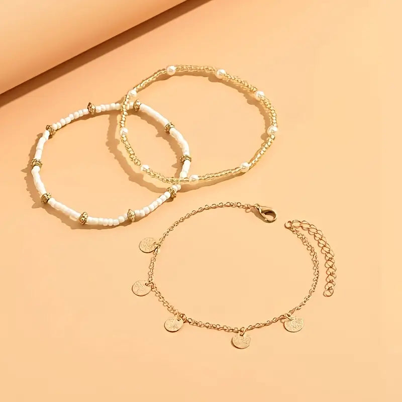 Set of 3 Layered Anklets Coastal Charm | Gold