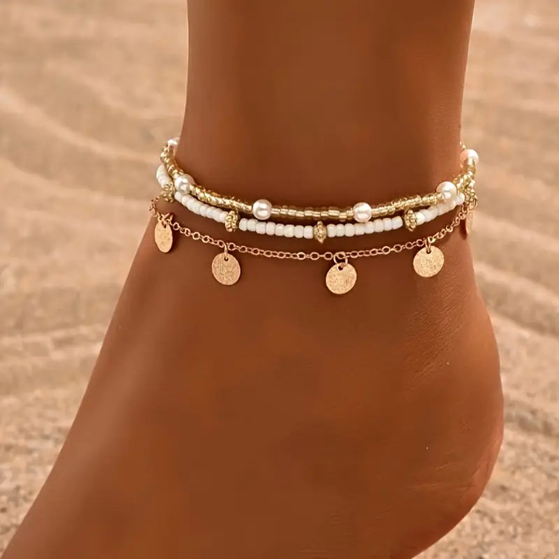 Set of 3 Layered Anklets Coastal Charm | Gold
