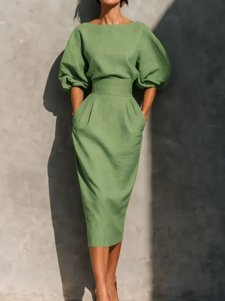 Women's Elegant Pleated Midi Wedding Guest Dresses with Puff Sleeve