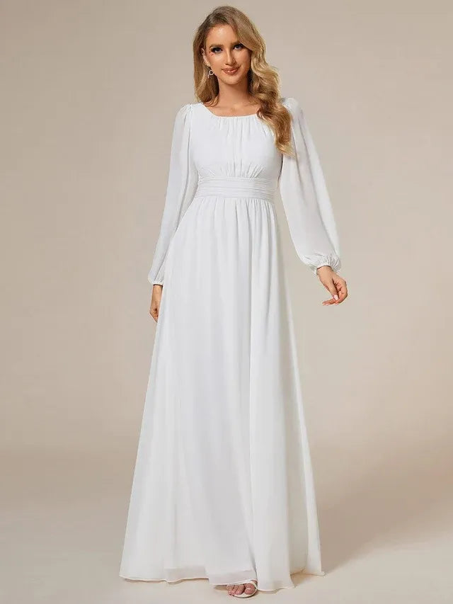 Women's Elegant Flowy Maxi Wedding Guest Dress with Puff Sleeve