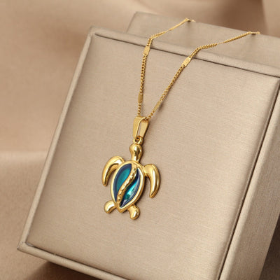 Chantal™ | Gold Turtle Necklace with Blue Opal