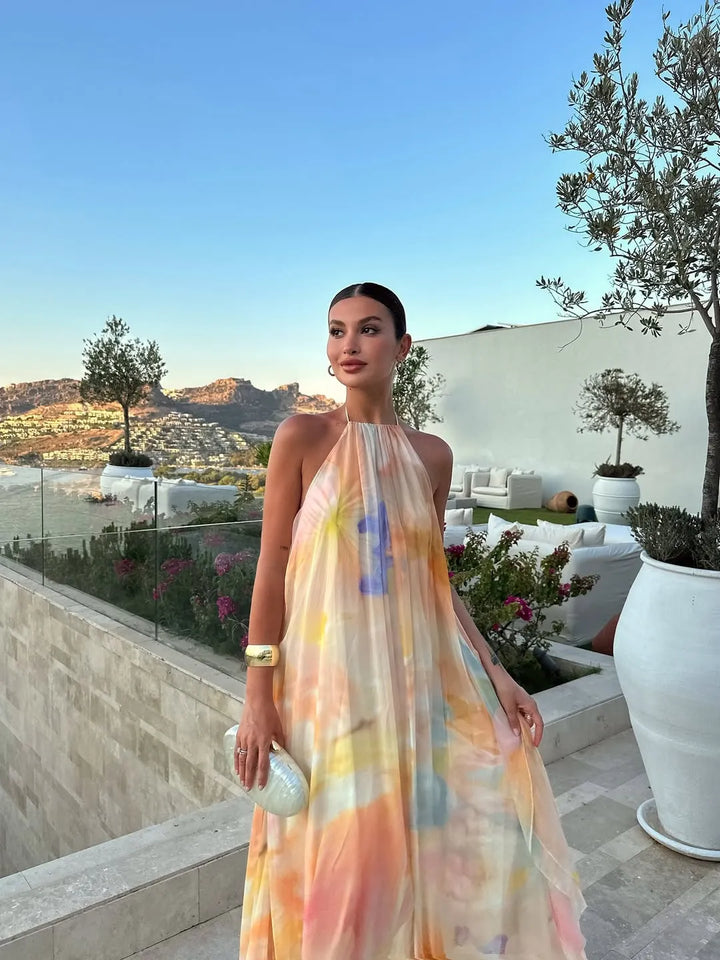 Women's Backless Flowy Maxi Wedding Guest Dress with Halter Neck