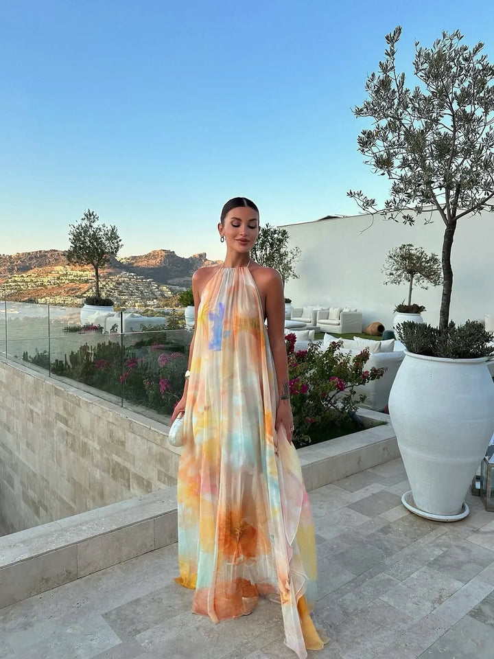 Women's Backless Flowy Maxi Wedding Guest Dress with Halter Neck