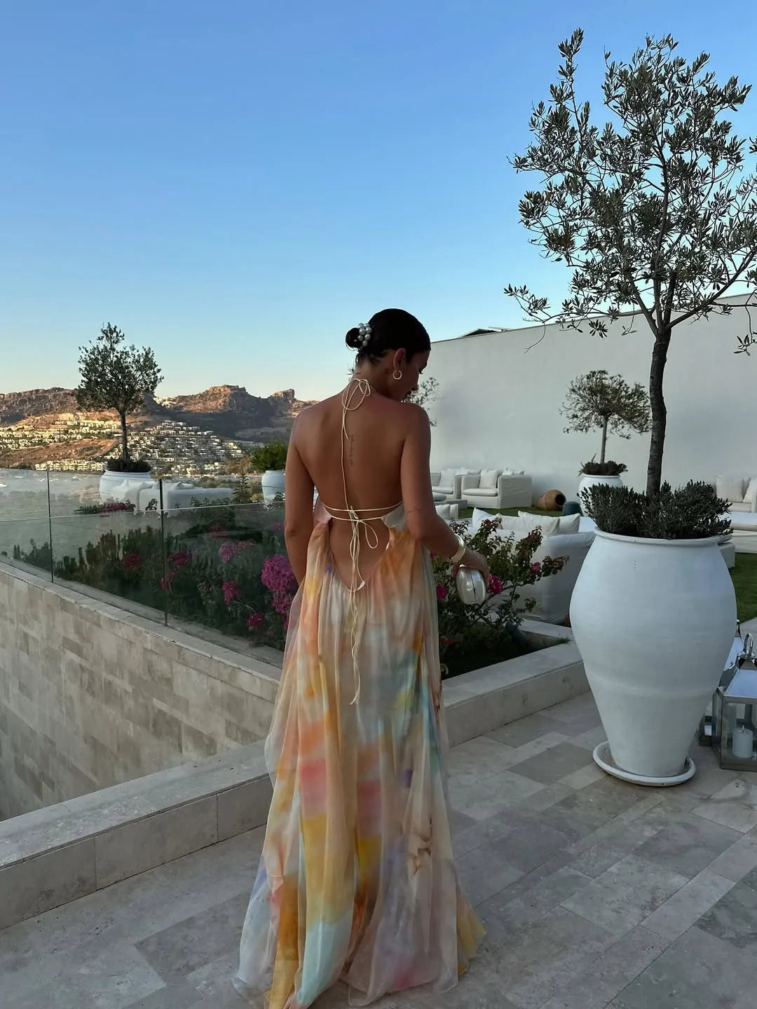 Women's Backless Flowy Maxi Wedding Guest Dress with Halter Neck