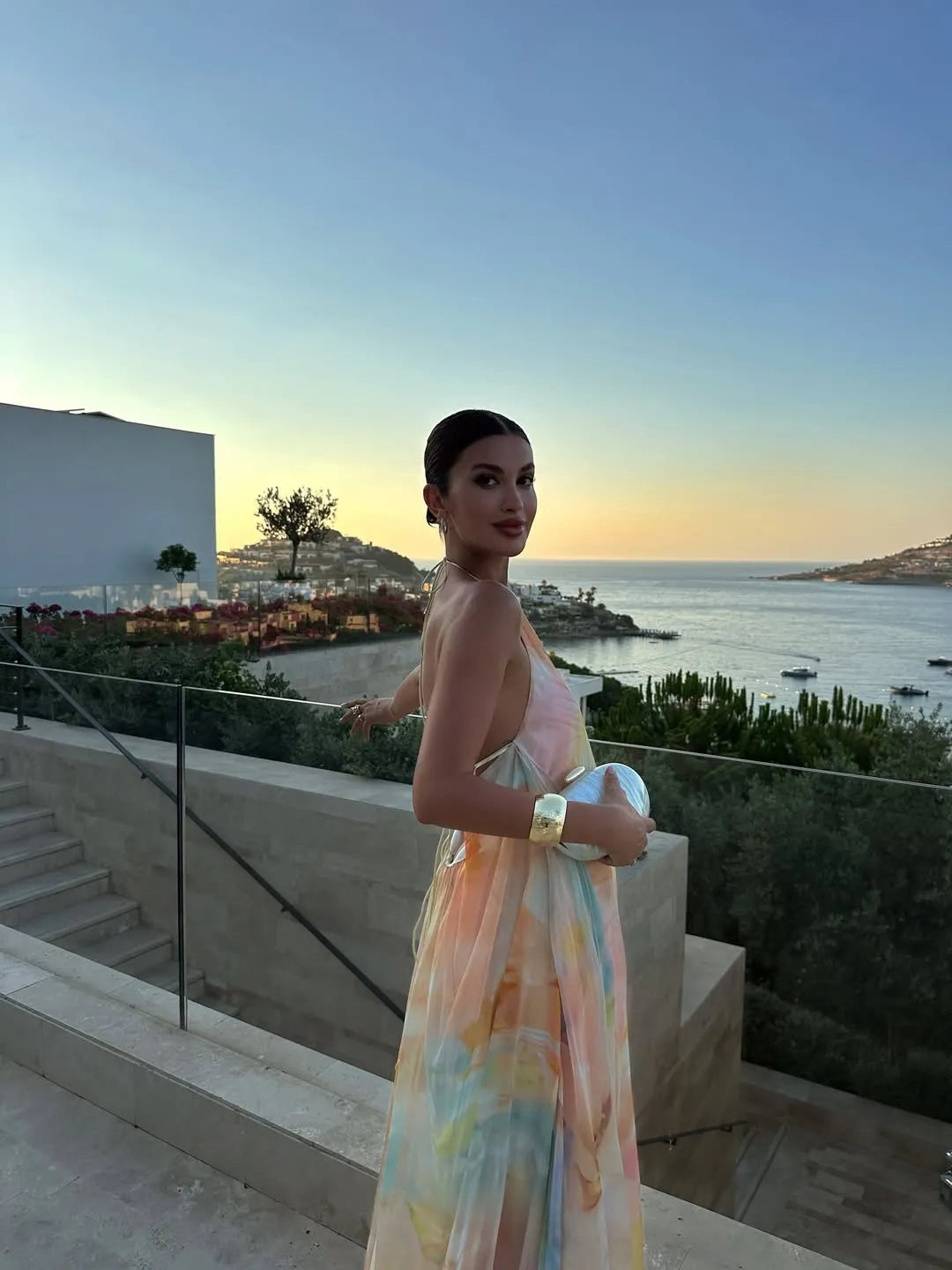 Women's Backless Flowy Maxi Wedding Guest Dress with Halter Neck