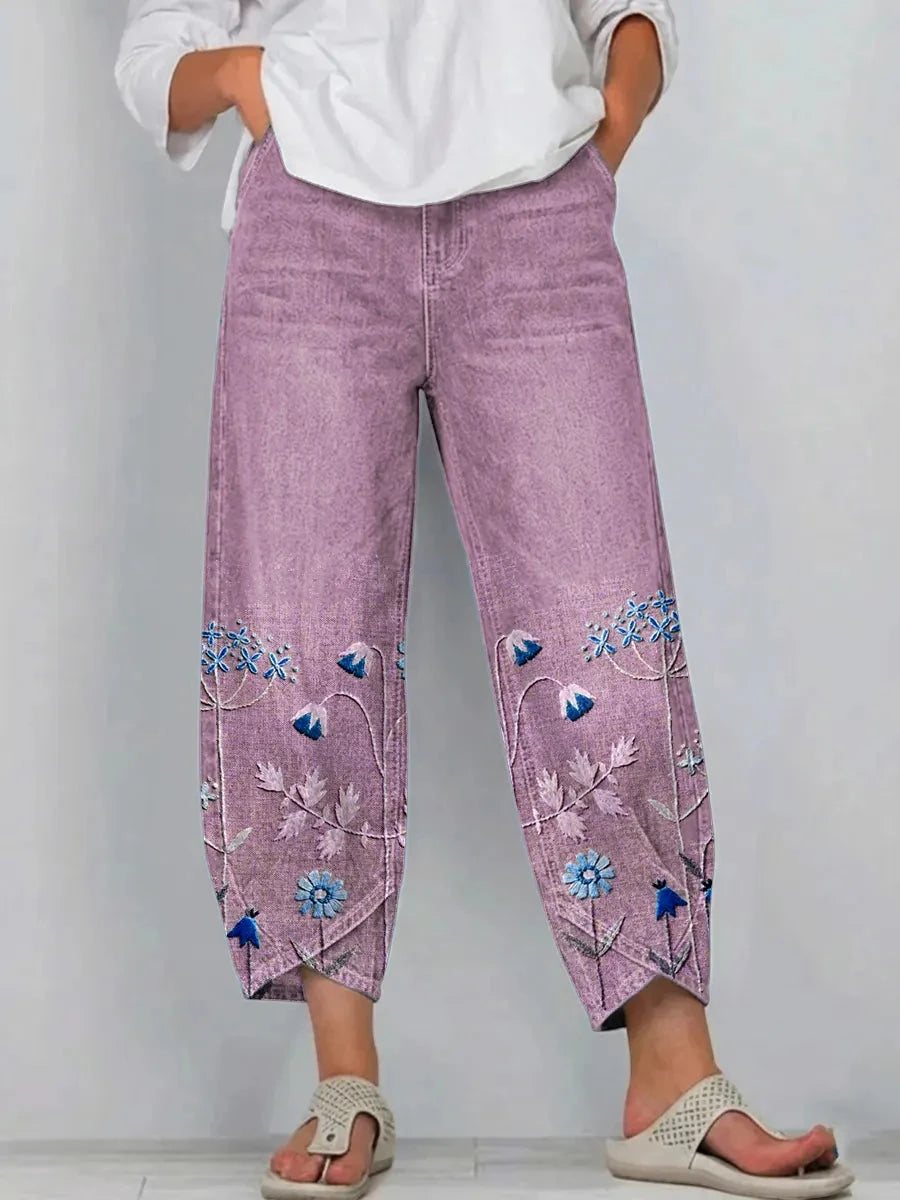 Women's Baggy Cropped Jeans with Embroidered