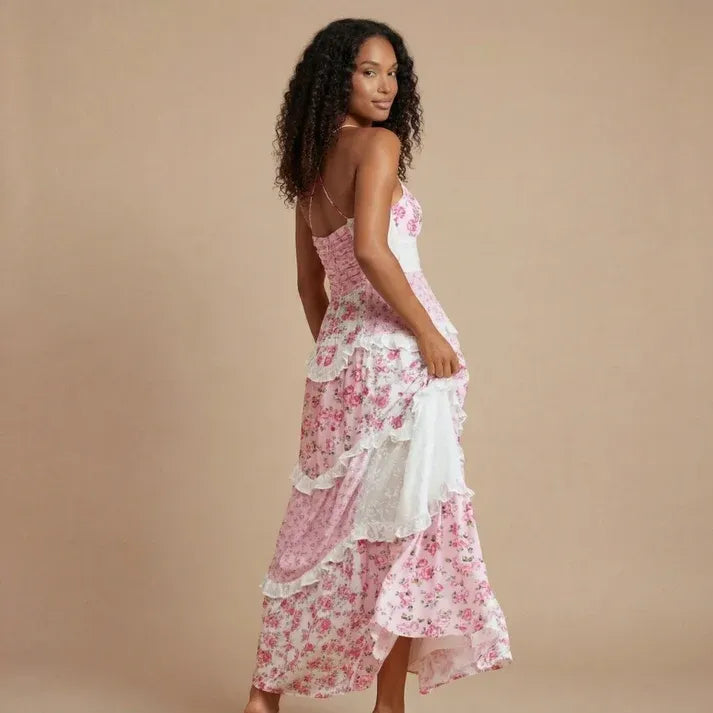Women's Boho Floral Maxi Wedding Guest Dress with V-Neck