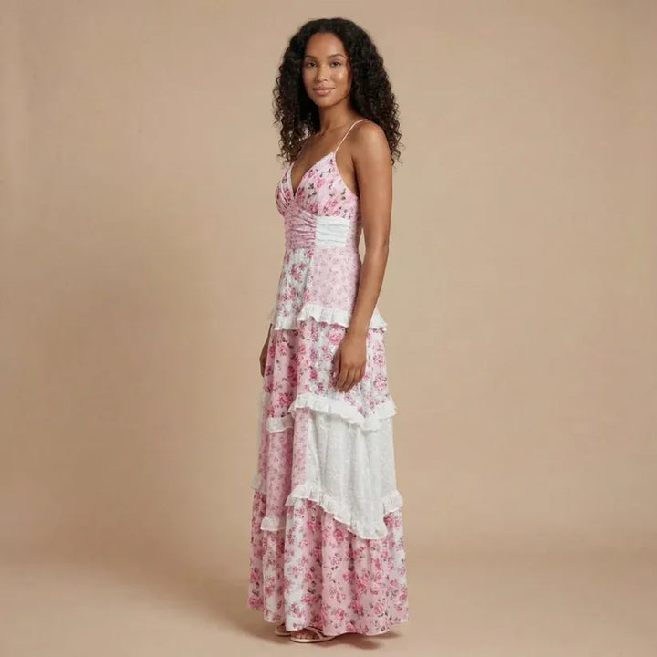Women's Boho Floral Maxi Wedding Guest Dress with V-Neck