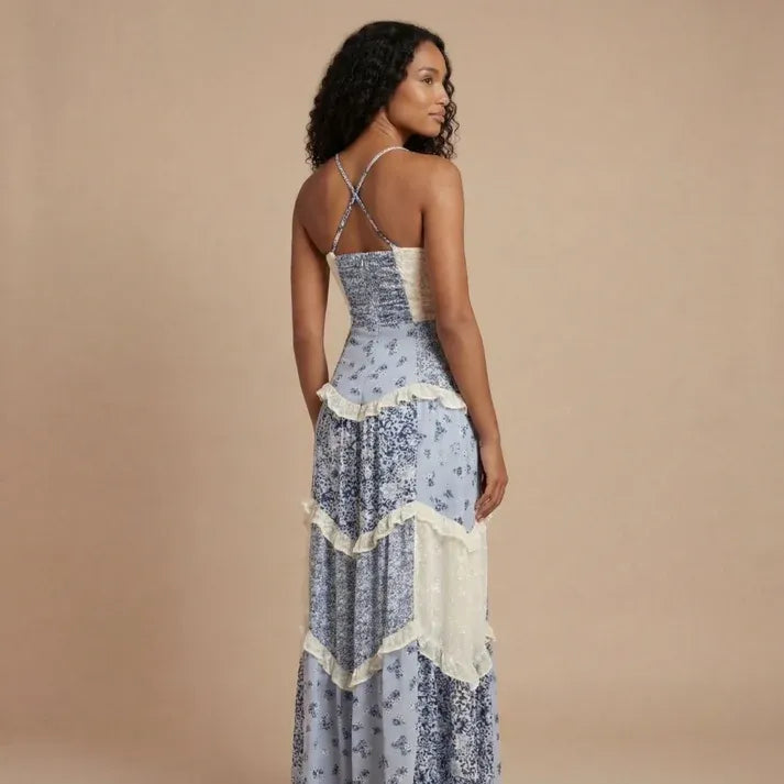 Women's Boho Floral Maxi Wedding Guest Dress with V-Neck