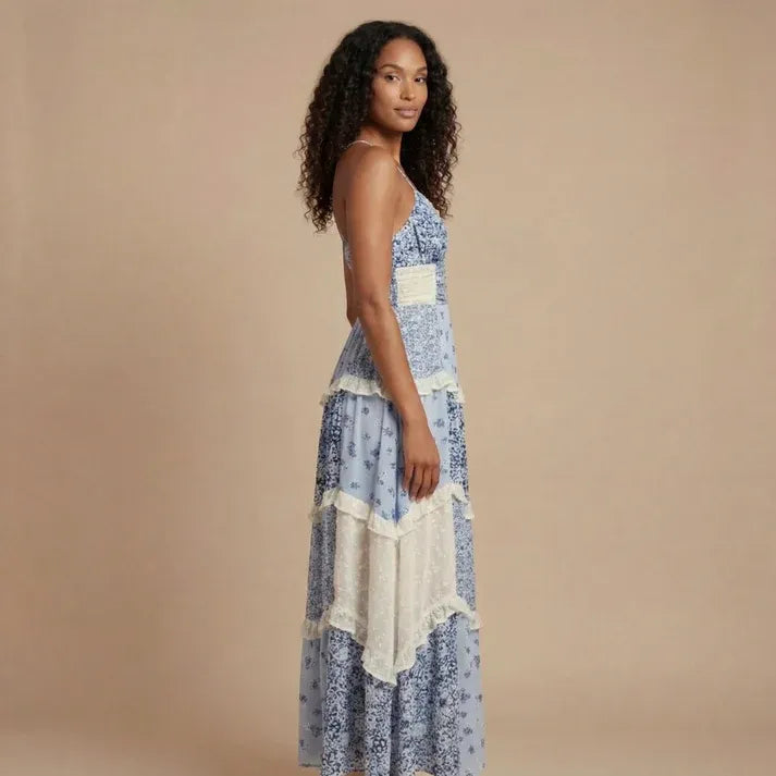 Women's Boho Floral Maxi Wedding Guest Dress with V-Neck