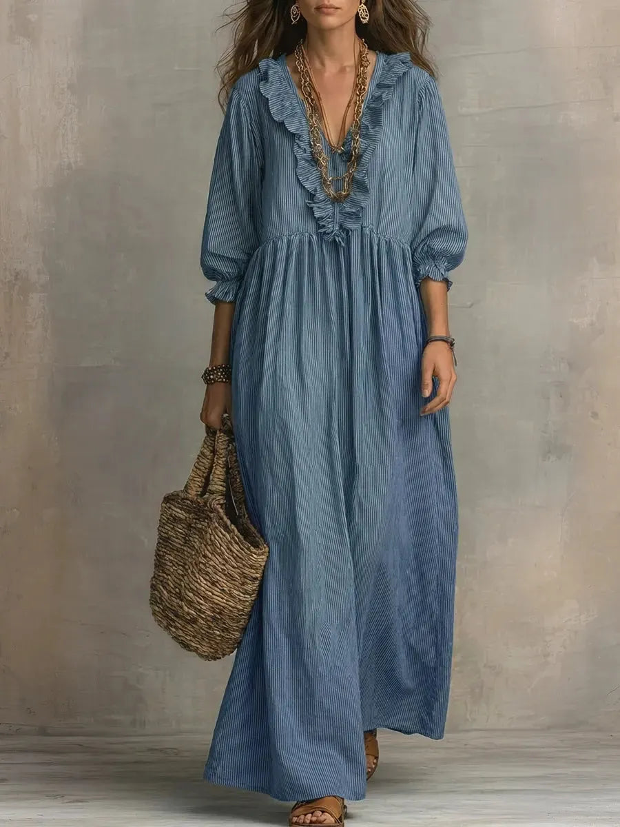 Women's Striped Boho Flowy Maxi Vacation Dress with Ruffle