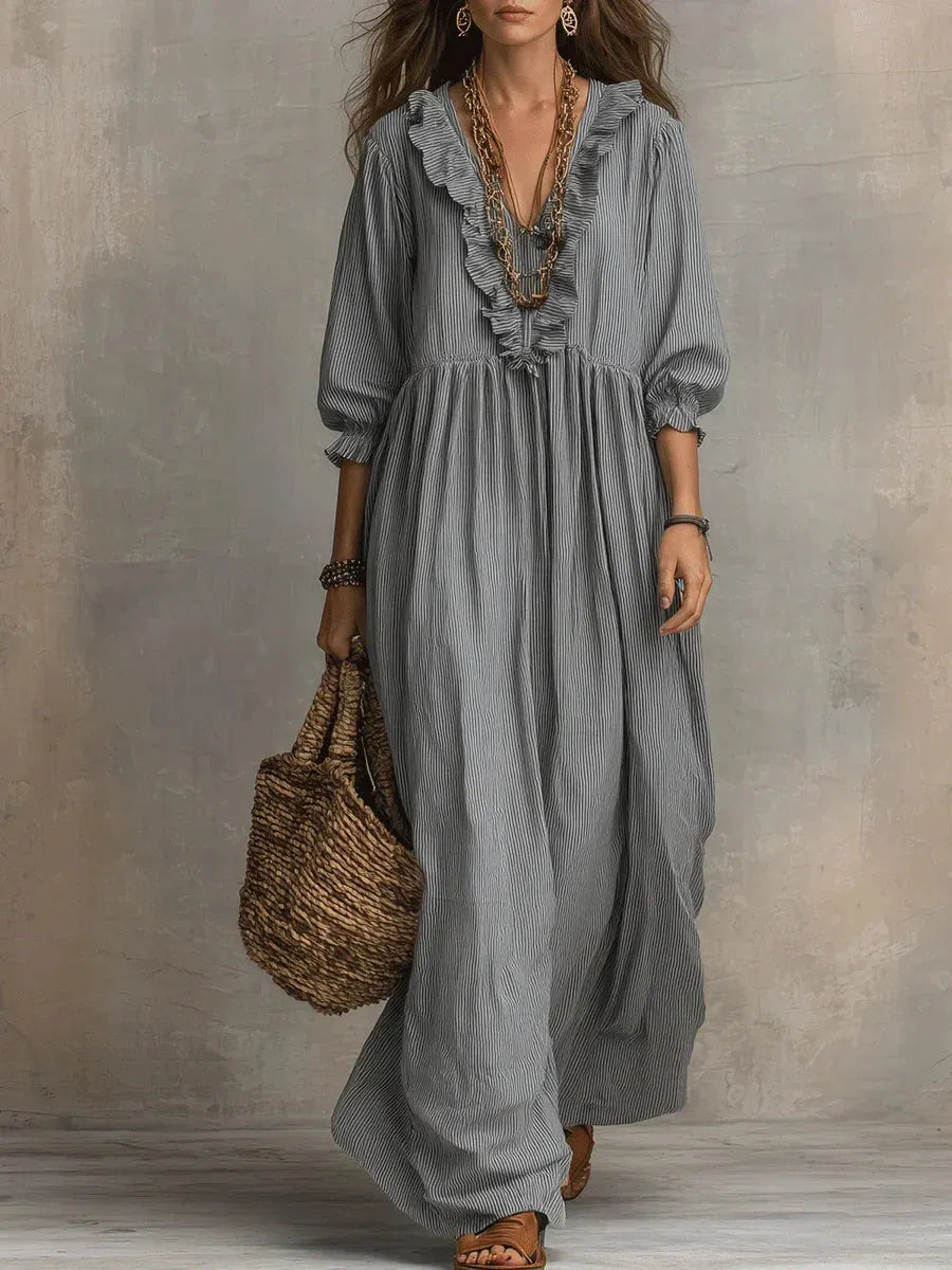 Women's Striped Boho Flowy Maxi Vacation Dress with Ruffle