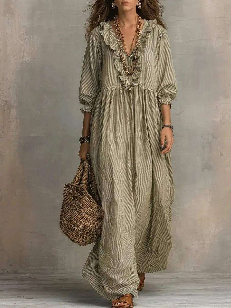 Women's Striped Boho Flowy Maxi Vacation Dress with Ruffle