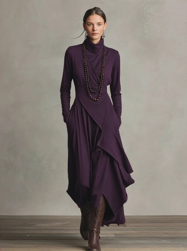Women's Boho Long Sleeve Maxi Dress with High Neck