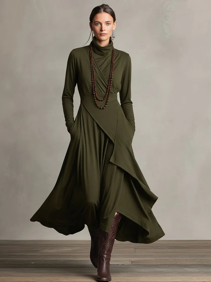 Women's Boho Long Sleeve Maxi Dress with High Neck