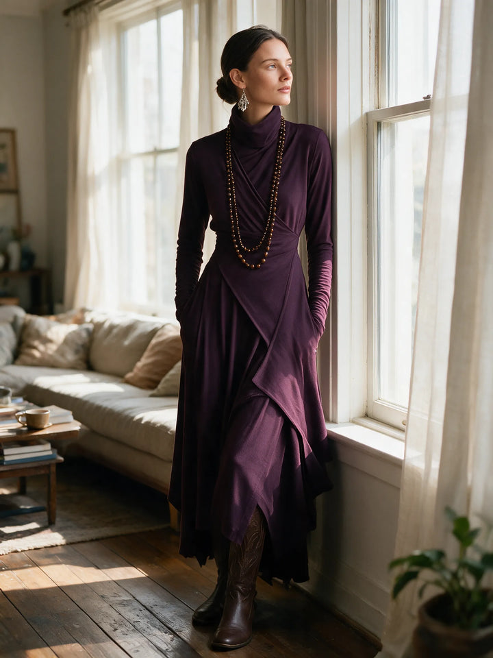 Women's Boho Long Sleeve Maxi Dress with High Neck