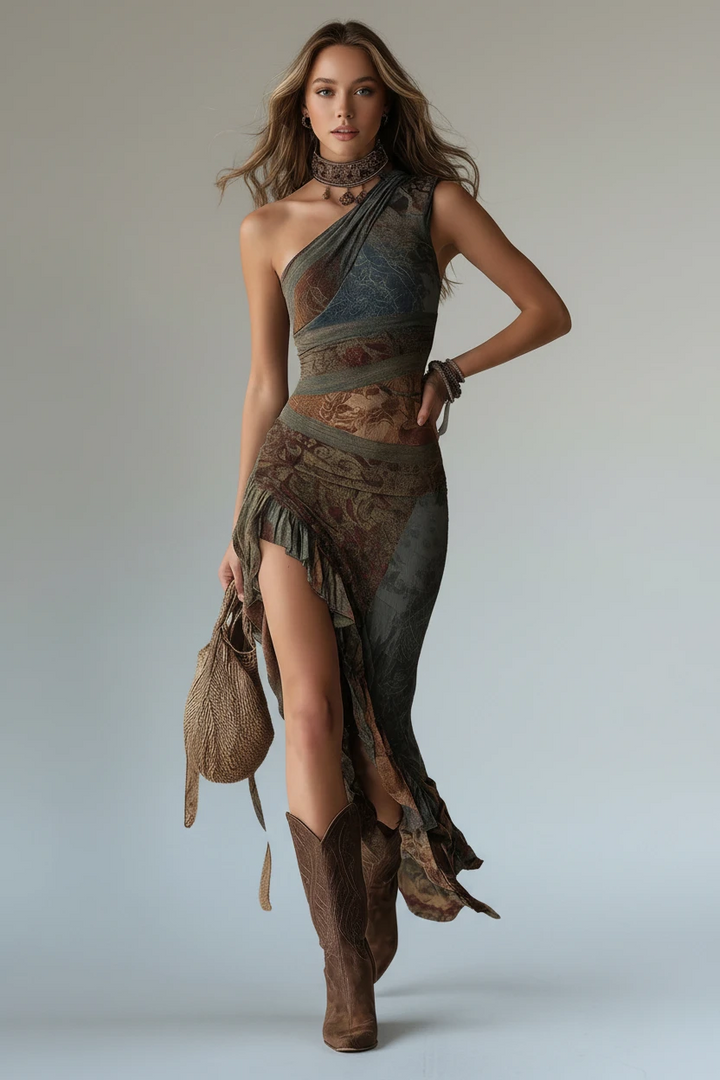 Women's Boho Maxi Dress with One Shoulder