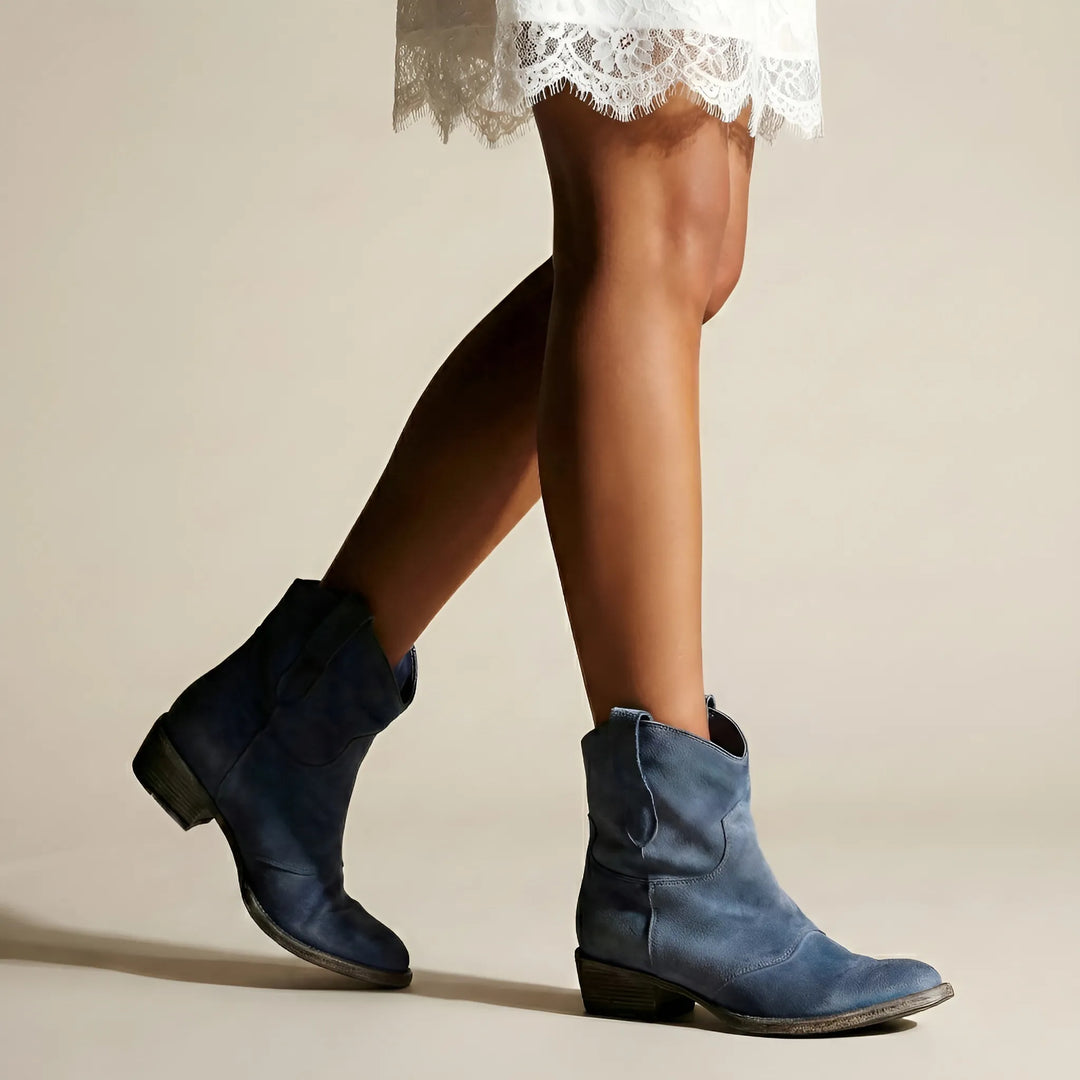 Women's Casual Ankle Cowboy Boots with Almond Toe and Pull-On Design