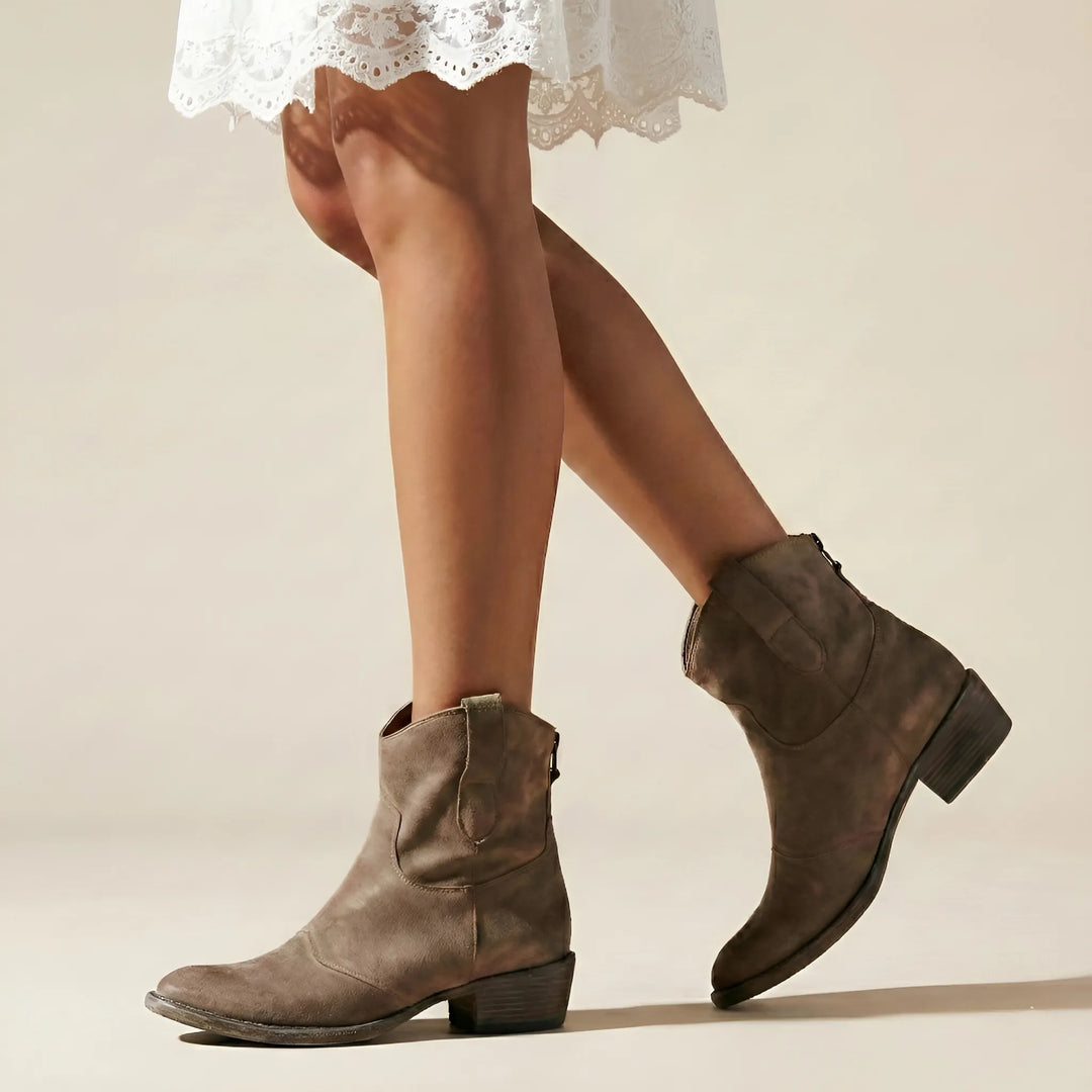 Women's Casual Ankle Cowboy Boots with Almond Toe and Pull-On Design