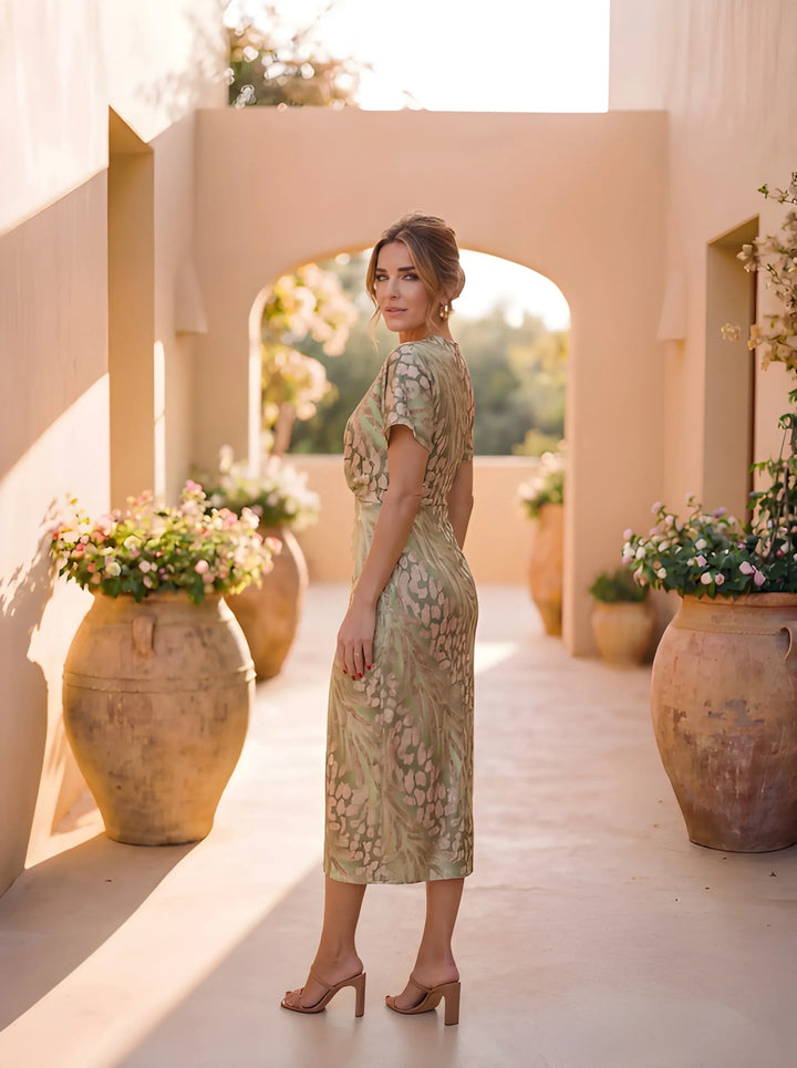 Women's Casual Elegant Midi Wedding Guest Dress with V-Neck
