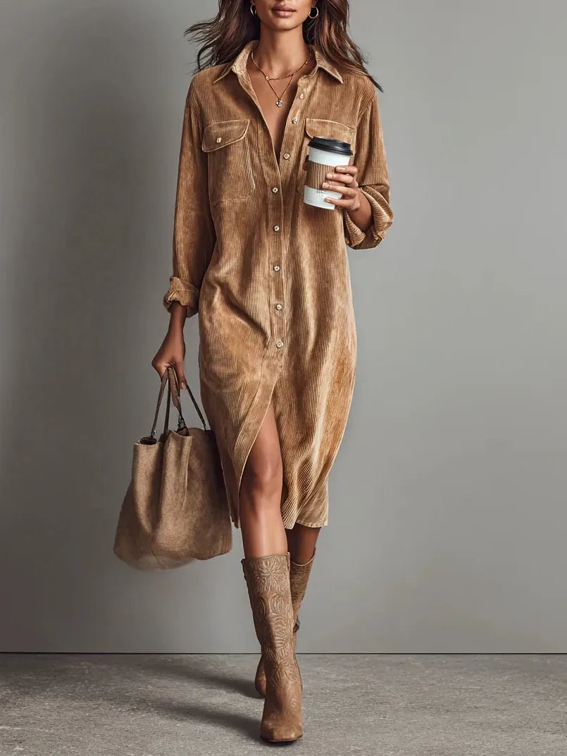 Women's Casual Long Sleeve Midi Wedding Guest Dress with Pocket