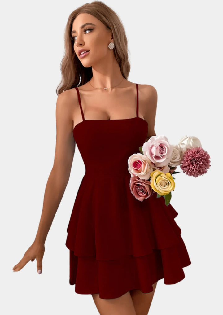 Women's Casual Mini Cocktail Dresses with Spaghetti Straps and Tiered Skirt
