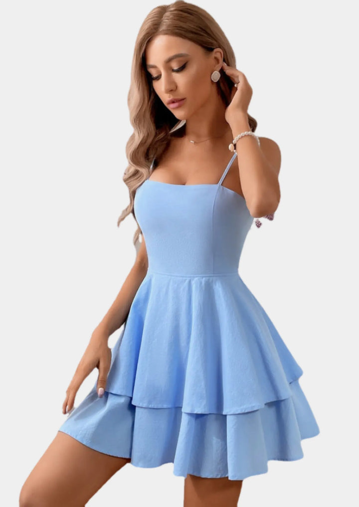 Women's Casual Mini Cocktail Dresses with Spaghetti Straps and Tiered Skirt