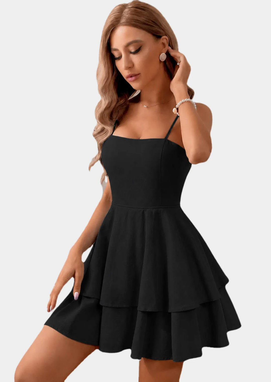 Women's Casual Mini Cocktail Dresses with Spaghetti Straps and Tiered Skirt