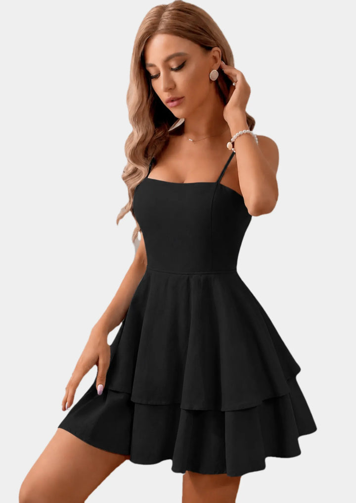 Women's Casual Mini Cocktail Dresses with Spaghetti Straps and Tiered Skirt