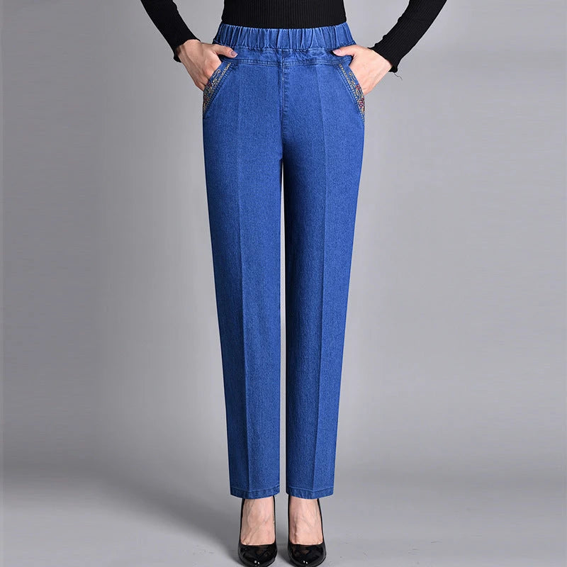 Women's Casual Straight Leg Jeans with Elastic Waist and Pockets