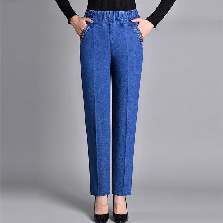 Women's Casual Straight Leg Jeans with Elastic Waist and Pockets