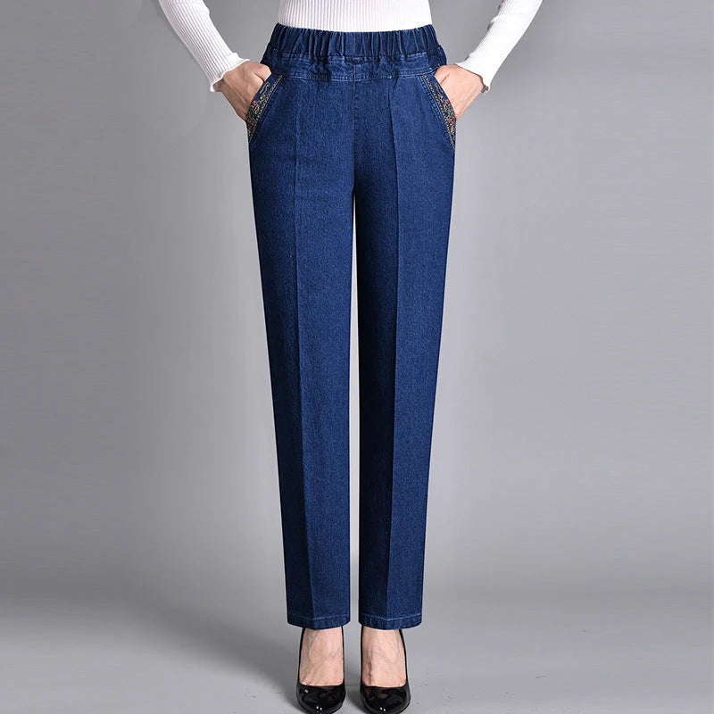 Women's Casual Straight Leg Jeans with Elastic Waist and Pockets