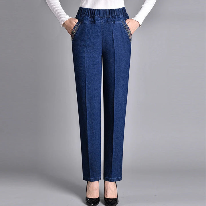 Women's Casual Straight Leg Jeans with Elastic Waist and Pockets