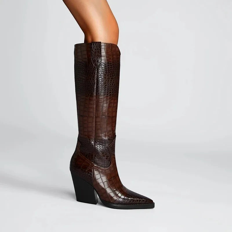 Women's Comfortable Knee High Cowboy Boots with Cushioned and Wide Calf