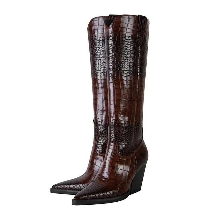 Women's Comfortable Knee High Cowboy Boots with Cushioned and Wide Calf