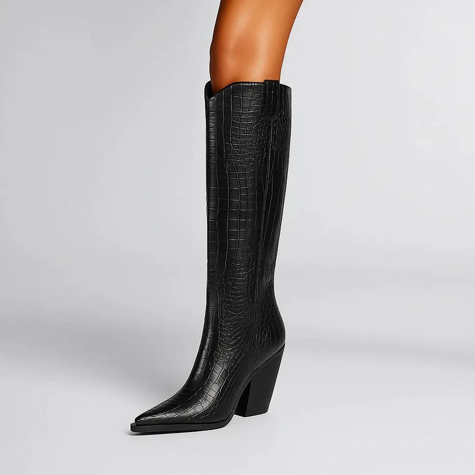 Women's Comfortable Knee High Cowboy Boots with Cushioned and Wide Calf