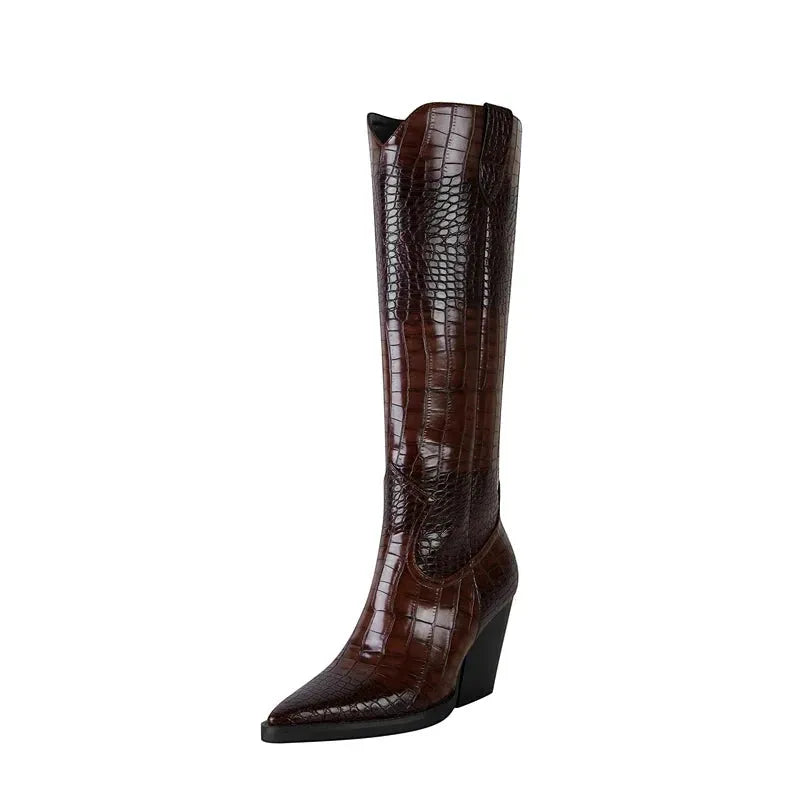 Women's Comfortable Knee High Cowboy Boots with Cushioned and Wide Calf