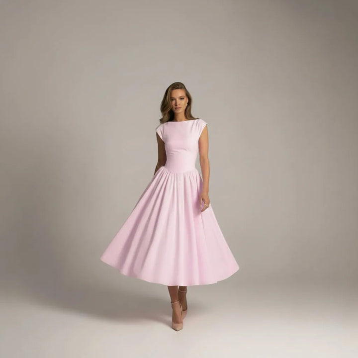 Women's Elegant A-Line Midi Wedding Guest Dress with Open Back