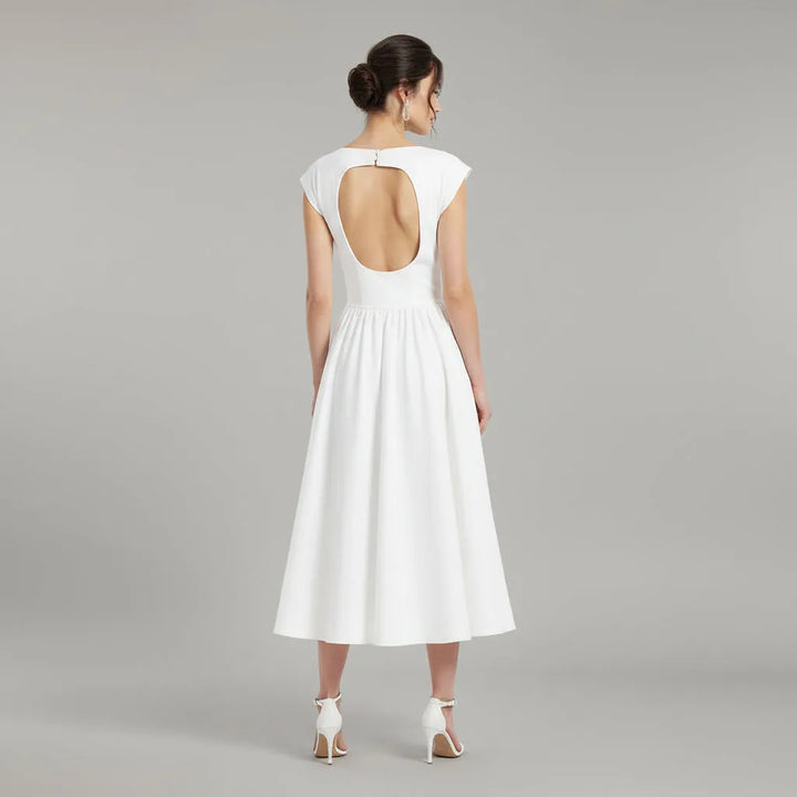 Women's Elegant A-Line Midi Wedding Guest Dress with Open Back