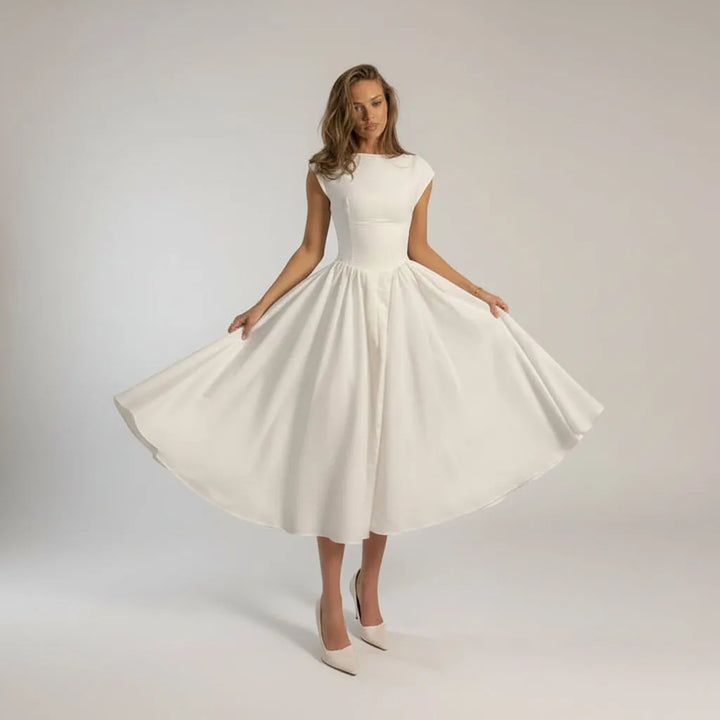 Women's Elegant A-Line Midi Wedding Guest Dress with Open Back