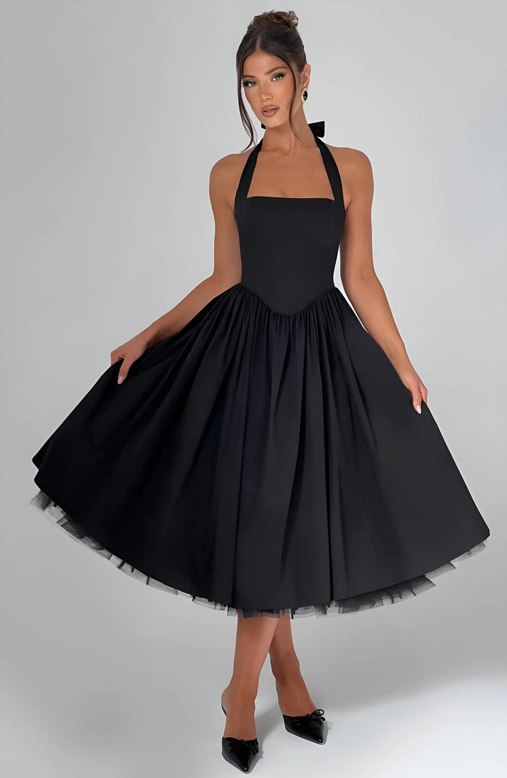 Women's Elegant A-Line Midi Cocktail Dress with Open Back