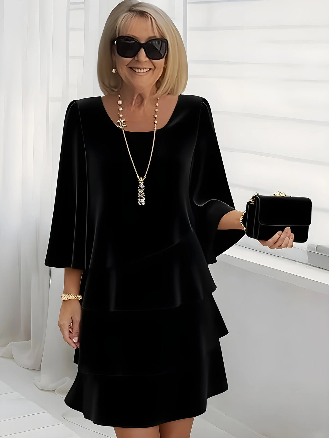Women's Elegant A-Line Midi Wedding Guest Dress with Bell Sleeves